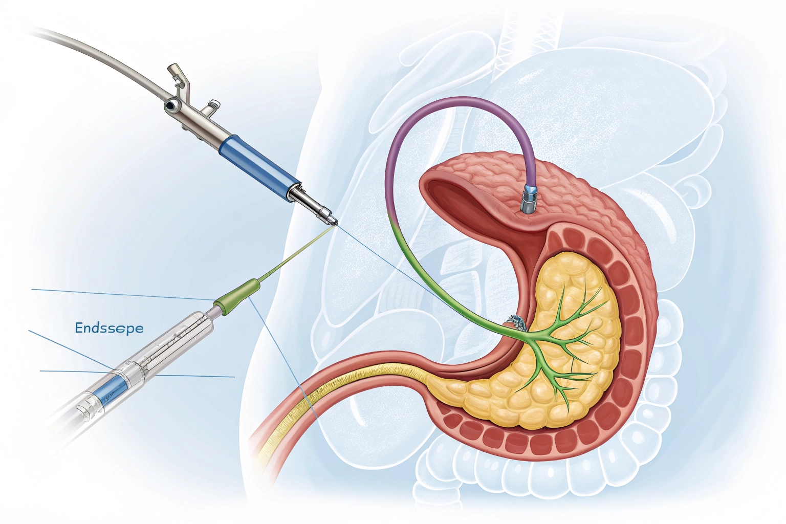 ERCP Treatment - Endoscopic procedure visual showing bile ducts and pancreatic ducts.